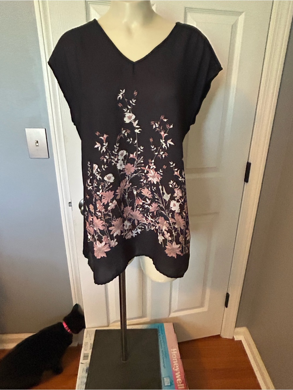 Maurices Black V-Neck Tunic with Pink Floral Border